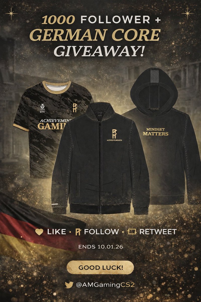 AMGamingCS2's tweet image. 🇩🇪 1,000 FOLLOWERS + GERMAN CORE GIVEAWAY! 🇩🇪

We’ve officially passed 1,000 followers and are building a German core and we want to give back to the community that made this possible 

🎁 6 WINNERS TOTAL

2× @AMGamingCS2 Jersey
2× “Mindset Matters” Hoodie
2× Achieveminds…