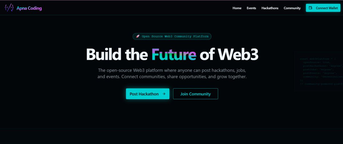 shriyash_soni's tweet photo. @apna_coding launching soon!

We're open to partnerships with Web3 ecosystems, dev communities, clubs!

No more WhatsApp spam - post once, reach multiple ecosystems through one platform.
 ❤️ Collabs welcome
DM or email: hiringteam@apnacoding.site
#ApnaCoding #Web3 #Hackathons https://t.co/CekmEFpB9A