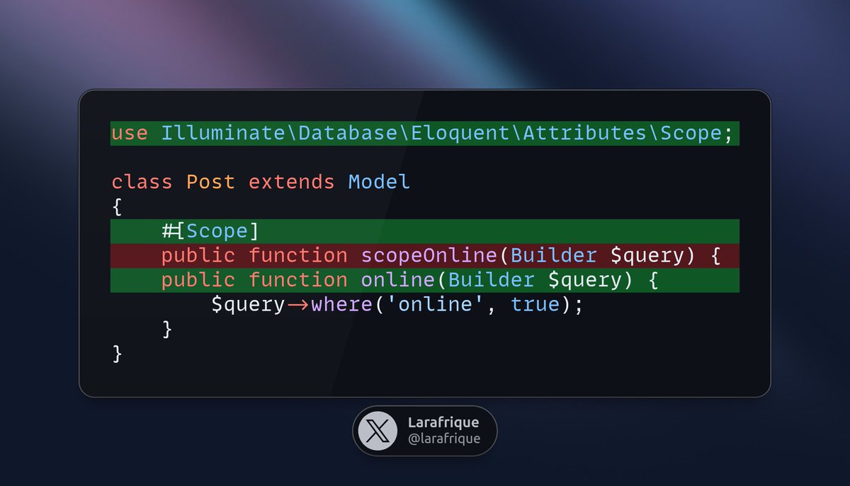 larafrique's tweet photo. 💡🚀💫🔥 Astuce #Laravel.
Scopes modernes avec les attributs PHP.
Il est possible de déclarer un scope Eloquent sans respecter le préfixe `scope` grâce à l’attribut `#[Scope]`.
Le nom de la méthode devient directement le nom du scope, ce qui rend le code plus lisible. 🚀🚀 https://t.co/r3iMDZekvl