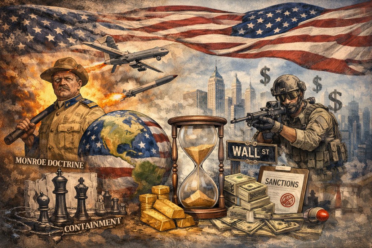 qmbigbeat's tweet photo. The truth is, the United States has never abandoned its doctrines. It has recycled them under constraint, and what looks like chaos today is actually doctrinal compression: the Monroe Doctrine’s hemispheric primacy (exclude rivals, control the neighborhood), the Roosevelt Corollary’s enforcement without apology, containment’s pressure-over-time logic, and the Bush Doctrine’s preemption all stripped of Wilsonian moralism and Obama-era restraint and recombined into a faster, cheaper, transactional operating system that treats power like a balance sheet rather than a sermon. 

Trump didn’t invent this shift; he exposed it. High debt, aging demographics, global overreach, and permanent rivalry have made prestige wars unaffordable and nation-building irrational, forcing the U.S. back toward selective dominance: sanctions instead of soldiers, raids instead of occupations, leverage instead of legitimacy, speed instead of stability. The Monroe Doctrine never died; it merely went dormant while the U.S. played empire; now, under fiscal and strategic gravity, America is reverting to first principles, asserting regional control, enforcing credibility surgically, tolerating volatility, and letting others absorb the long-term mess. This is not isolationism; it is post-imperial realism, and markets, allies, and adversaries misread it at their own risk.