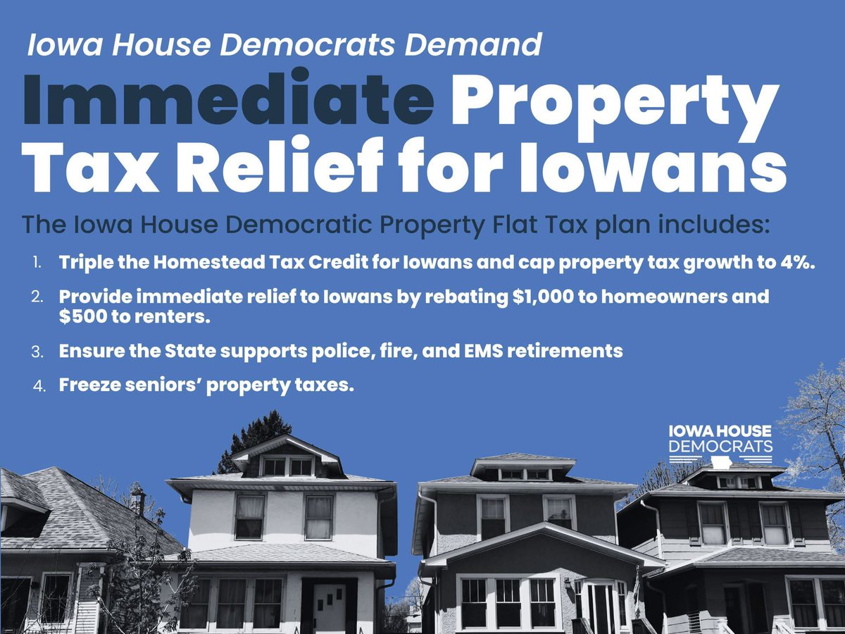 iowahousedems's tweet image. After 9 years of Republican total control, property taxes are still rising and increasingly unaffordable. Iowa House Democrats have a plan to lower bills immediately, protect community services, and make homeownership more affordable.