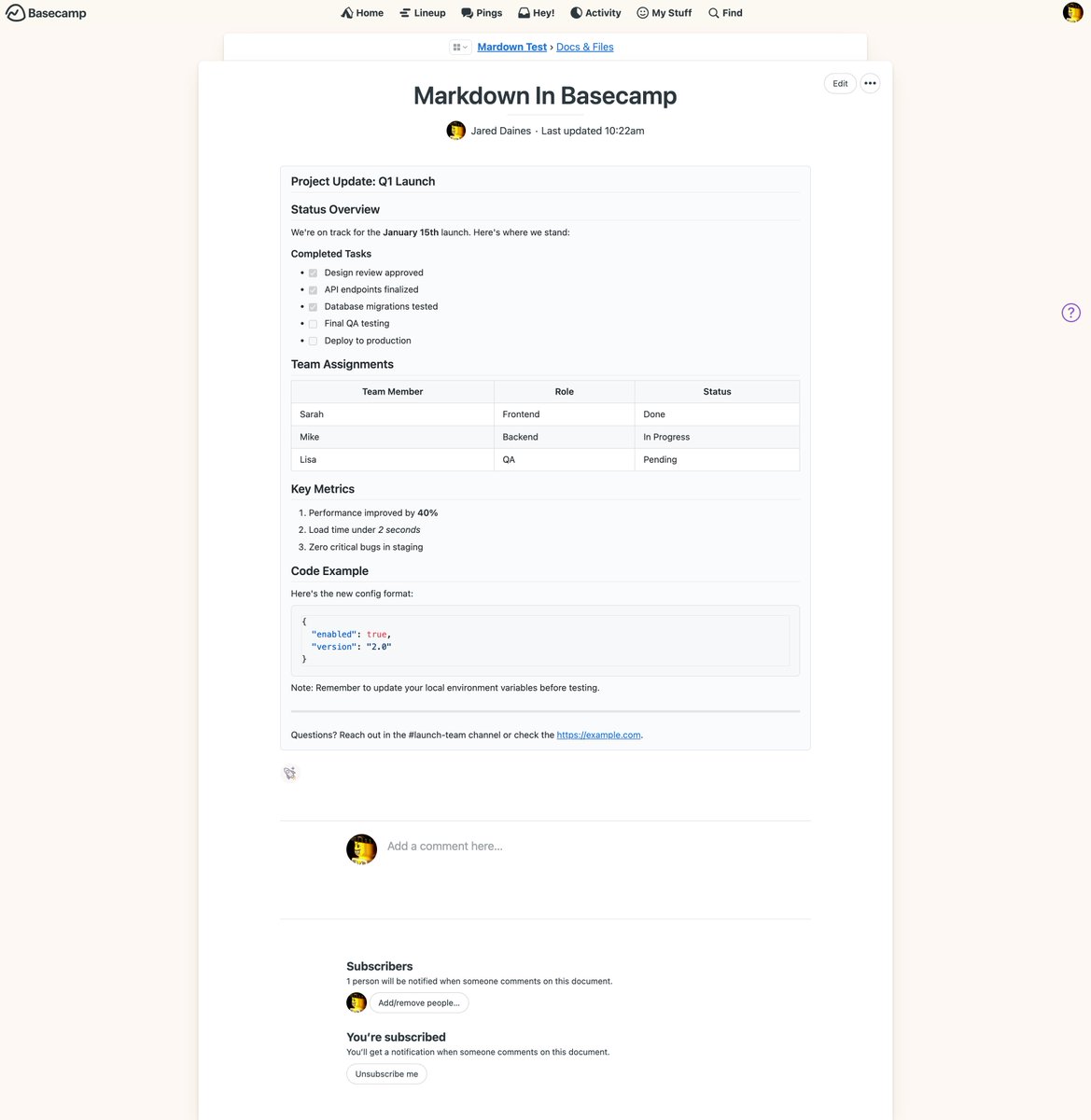 uberkeeg's tweet photo. I love using @basecamp but the lack of markdown support has bugged me for a while. Used @claudeai this morning to wip up a little extension to render markdown that is written inside of code blocks. https://t.co/1DyLlgfiUw