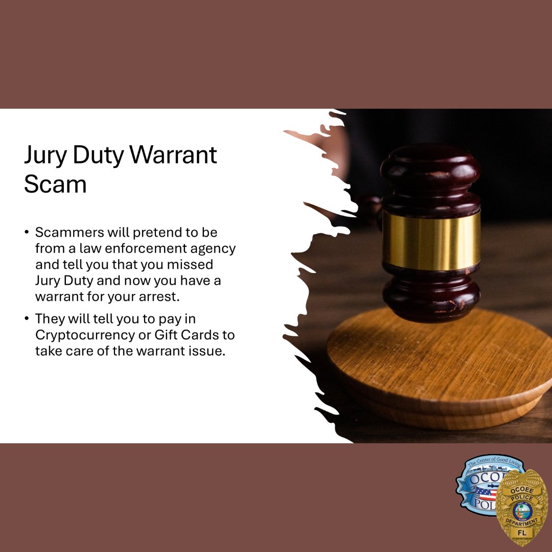 🚨 SCAM ALERT Scammers claim you missed jury duty & now have a warrant.  They may spoof phone numbers & demand payment via gift cards or  cryptocurrency. -Law enforcement will NEVER ask