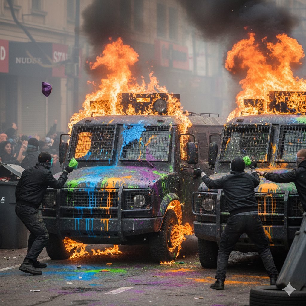 شیشه ماشین های سرکوبگران را با 
بادکنک های رنگی 
تخم مرغ های رنگی 
کیسه های رنگی 
از بالا پشت بام و در کف خیابان ها رنگی کنیم 
#دفاع_مشروع_سنگربندی
#سقوط_جمهوری_اسلامی