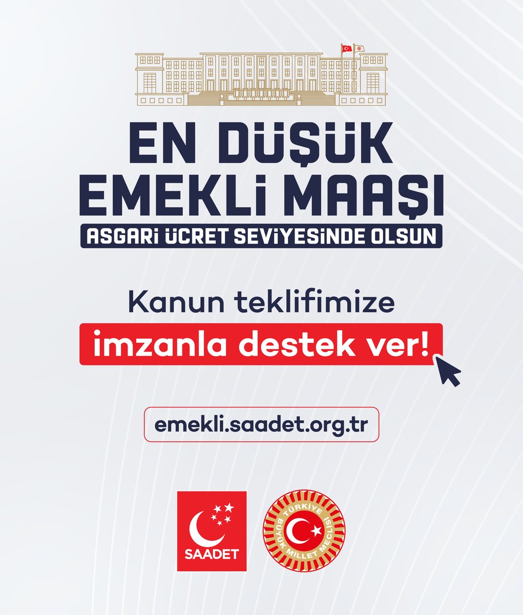 En düşük emekli maaşı, asgari ücret seviyesinde olsun!

Kanun teklifimize, imzanla destek ver!

emekli.saadet.org.tr