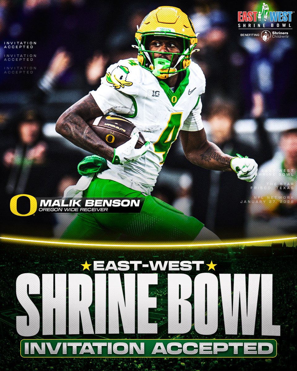 Invitation Accepted

<a href="/oregonfootball/">Oregon Football</a> WR Malik Benson (<a href="/Leek_leek5/">Malik Benson</a>) has officially accepted his invite to the East-West Shrine Bowl! 🦆

#GoDucks | #ShrineBowlWHOSNEXT 😎