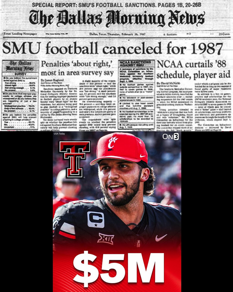 CSOonX's tweet image. 1987: SMU gets death penalty for paying players $61,000

2026: Texas Tech pays QB $5 million to transfer 

It feels like we may have over-corrected a bit... 🤷‍♂️