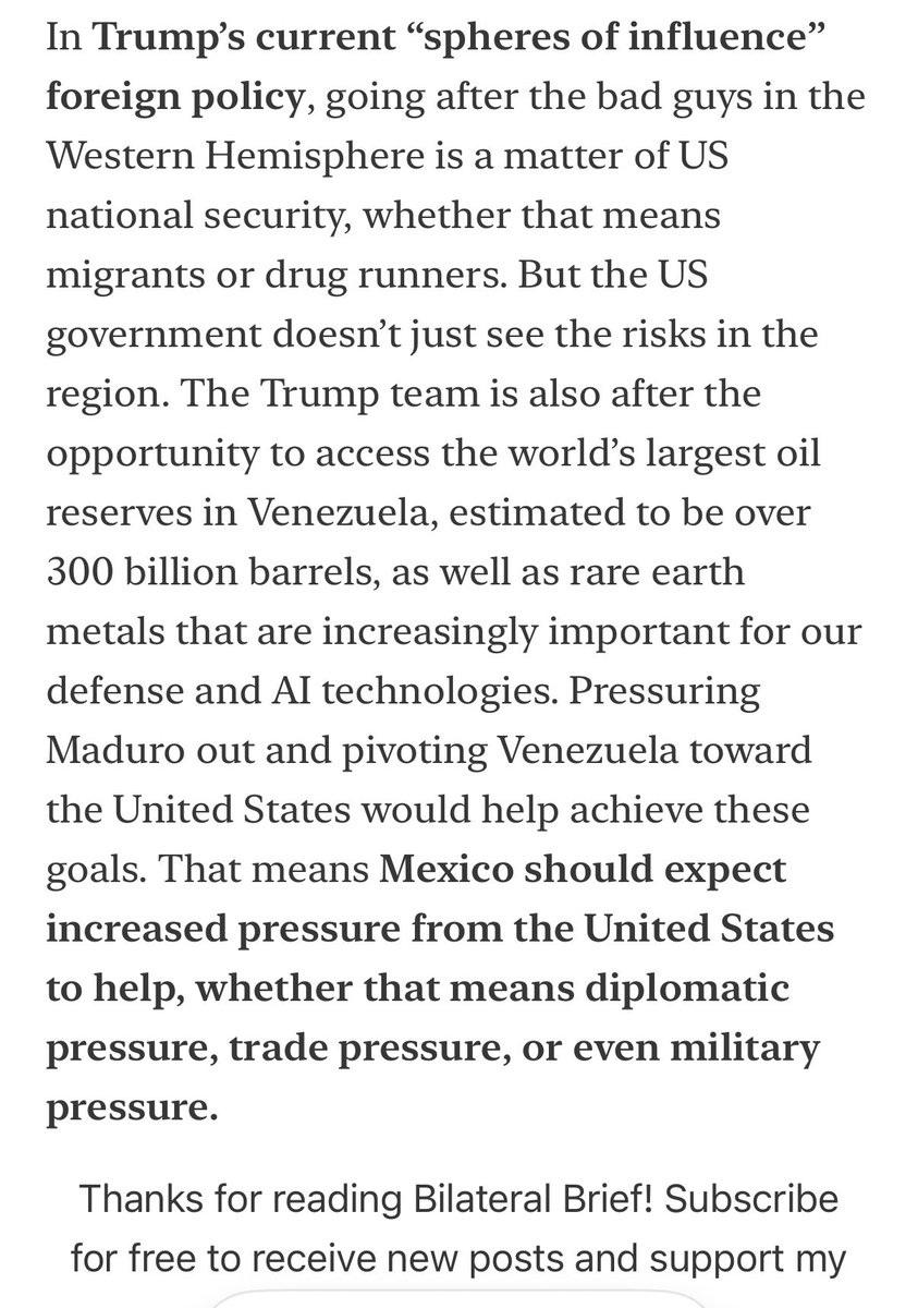 My thoughts on how the developing situation in #Venezuela will impact US-#Mexico bilateral relations, written in December 2025 for the #BilateralBrief. So far, seems to be accurate ⬇️ open.substack.com/pub/bilateralb…