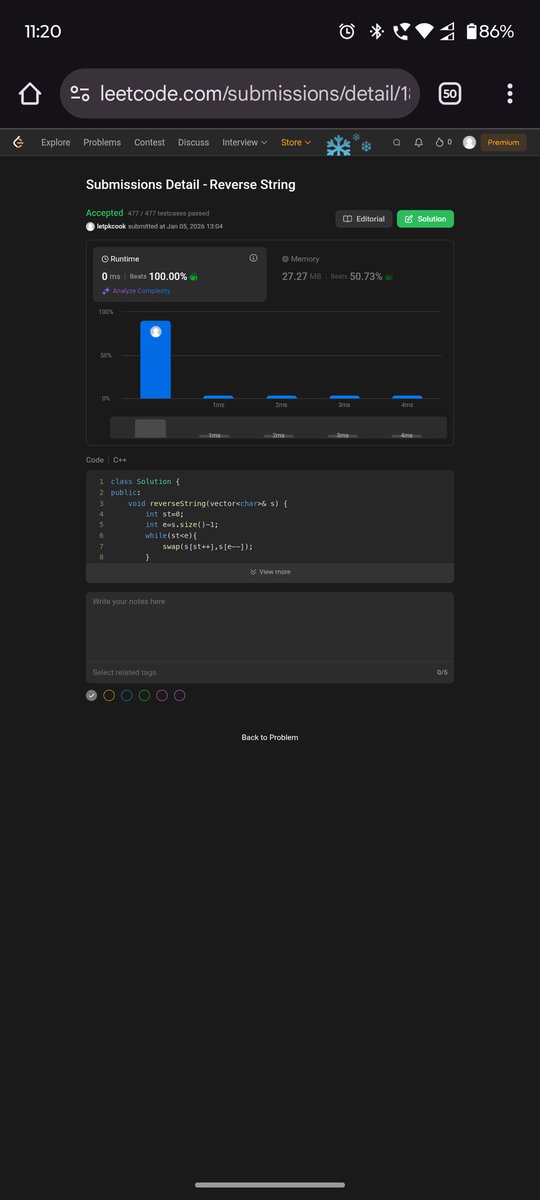 __Piyush_kumar's tweet photo. Leetcode easy reverse a string 
Day -04 (04/01/26) https://t.co/Xqb34F3g4W