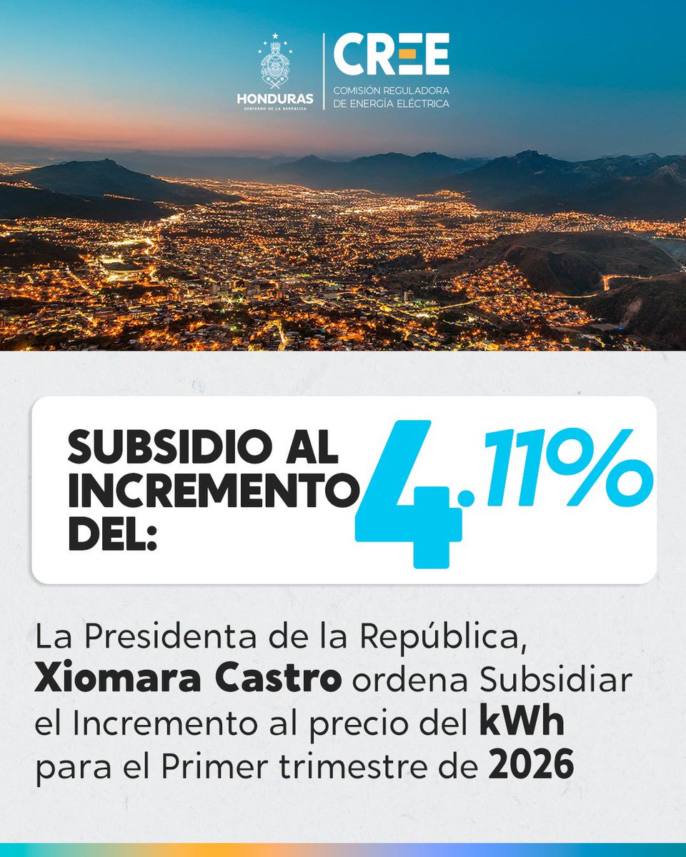 Por instrucción de la Presidenta de la República Xiomara Castro incremento a la Tarifa de la ENEE de 4.11 % para el primer trimestre de este año será subsidiado por el gobierno con el fin de no afectar las finanzas de los hondureños.