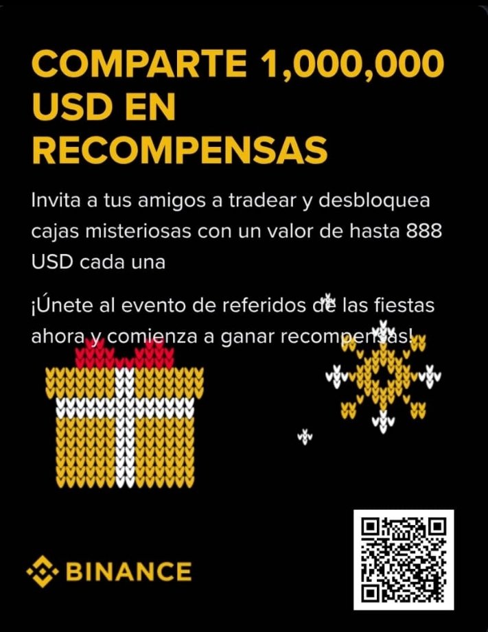 Celebra🎉 las fiestas invitando a tus amigos y compartiendo 1,000,000 USD en recompensas con Binance.🎉🎉
Tradeas 100 USD y se parte de las recompensas 💰 binance.com/referral/myste… 
Termina 2026-01-13