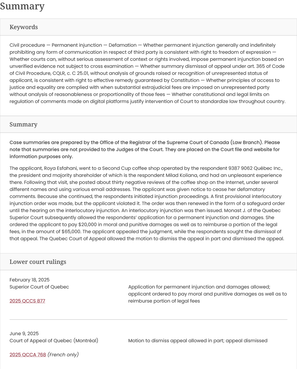 LawScribes's tweet image. 15 Supreme Court Canada leave to appeal decisions Th including: #Defamation and online criticism of #coffee shop. S96 #Constitution and #OntarioPlace law. Charter and roadside breath tests. Charter discrimination, bias claim in TO property tax review. #Childrens protection.