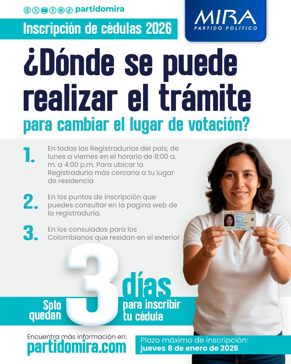 🚨 TIC TOC TIC TOC... QUEDAN SOLO 3️⃣ DÍAS! 💳

Si aún no has inscrito tu cédula o deseas cambiar tu puesto de votación, aquí puedes consultar los lugares habilitados para hacerlo desde hoy hasta el jueves 8 de enero:

registraduria.gov.co/IMG/pdf/puntos…