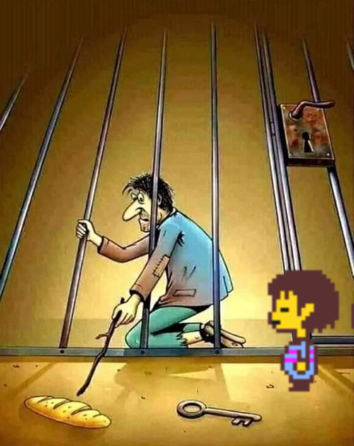 Random_Frisk's tweet image. *This imprisoned man is trying to get the bread instead of the key.
*Knowing that bread tastes better than key, this seems to be the obvious choice.