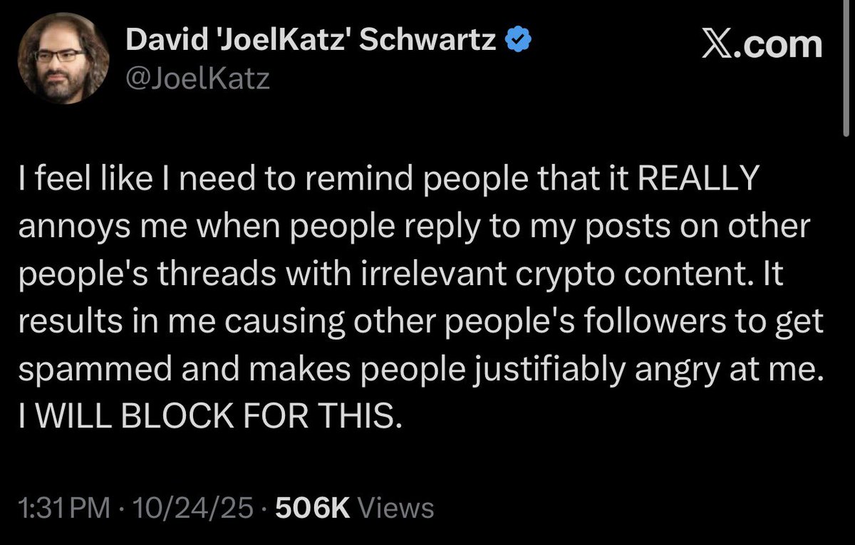 BankXRP's tweet image. XRP Community Reminder

Respect David Schwartz  @JoelKatz Ripple CTO &amp;amp; XRP Ledger architect.

🚫 Don’t reply to his comments on others’ threads with off-topic crypto shilling.

It spams the thread owner and annoys David (he’s said he’ll block for it) 👀

Let’s keep the community…
