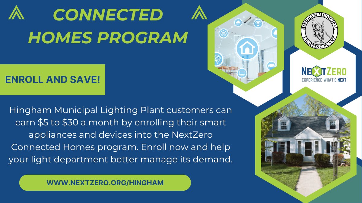 Connect and save! 💵 HMLP customers can save $5 to $30 per month by enrolling a smart appliance or device into the Connected Homes program. 💡 Learn more at NextZero.org/Hingham/Connec…