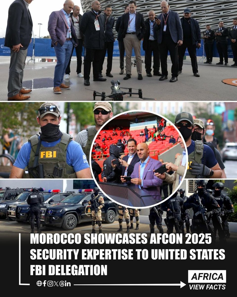 A high-level delegation from the Federal Bureau of Investigation (FBI) of the United States  visited Morocco 🇲🇦 to review security systems used during AFCON 2025. 

The team checked crowd control, access points, drone monitoring, cameras, and coordination between security units.