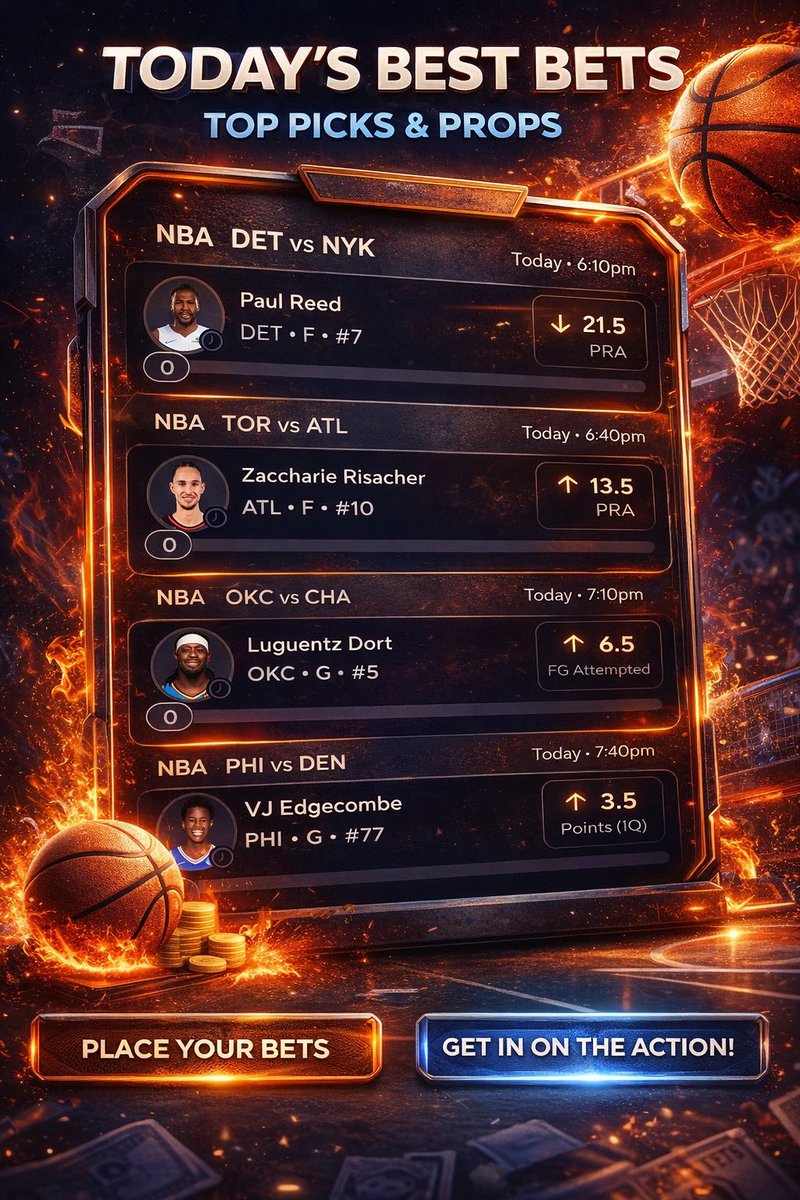 3dgeledger's tweet photo. ⚡️TODAY’S PICKS

Risacher O13.5 PRA
Volume + rebounds = safe floor.

Paul Reed U21.5 PRA
Cold + low usage.

VJ Edgecombe O3.5 1Q PTS
Starts hot — needs 2 buckets.

Luguentz Dort O6.5 FGA
Fast pace — shots will fall
#NBA #PrizePicks #Picks https://t.co/x1uPVf2H0D