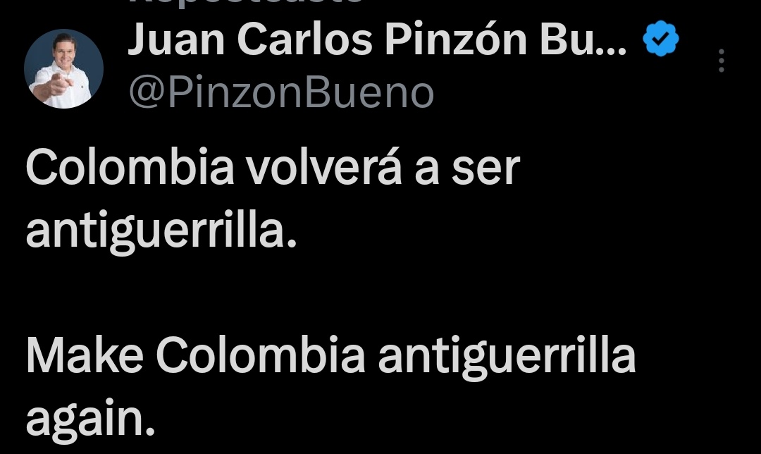 Juan Carlos Pinzón pone este mensaje  y sale la mamertería a insultarlo. ¡No entiendo! Es lo que necesitamos: Make Colombia antiguerrilla again  #PorqueMerecesAlgoMejor 
<a href="/PinzonBueno/">Juan Carlos Pinzón Bueno</a>