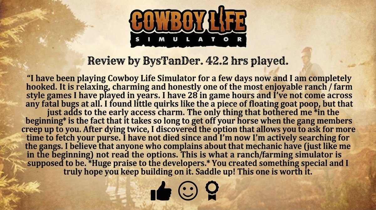 tRockGame's tweet photo. 🤠 #SundayReview
See what other players are saying about Cowboy Life Simulator.
Check out the review and decide for yourself.
Play now:
https://t.co/LpQqEZYZkd
#CowboyLifeSimulator #SteamReviews #IndieGame https://t.co/NzsK2Ve9YS