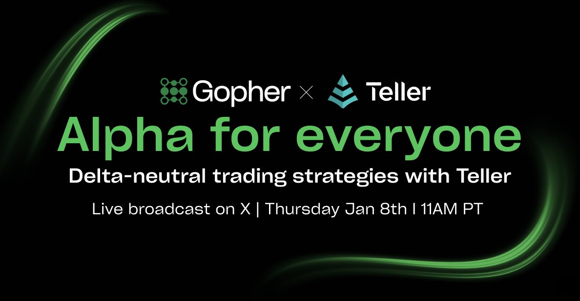 gopher_ai's tweet image. Alpha for everyone is back in 2026.

Join the Gopher team and our partners @useteller as we break down trading strategies, share product updates, and drop a special announcement.

🗓️ Thurs, Jan 8 · 11AM PT
🎙️ Hosted by @BrendanPlayford on X