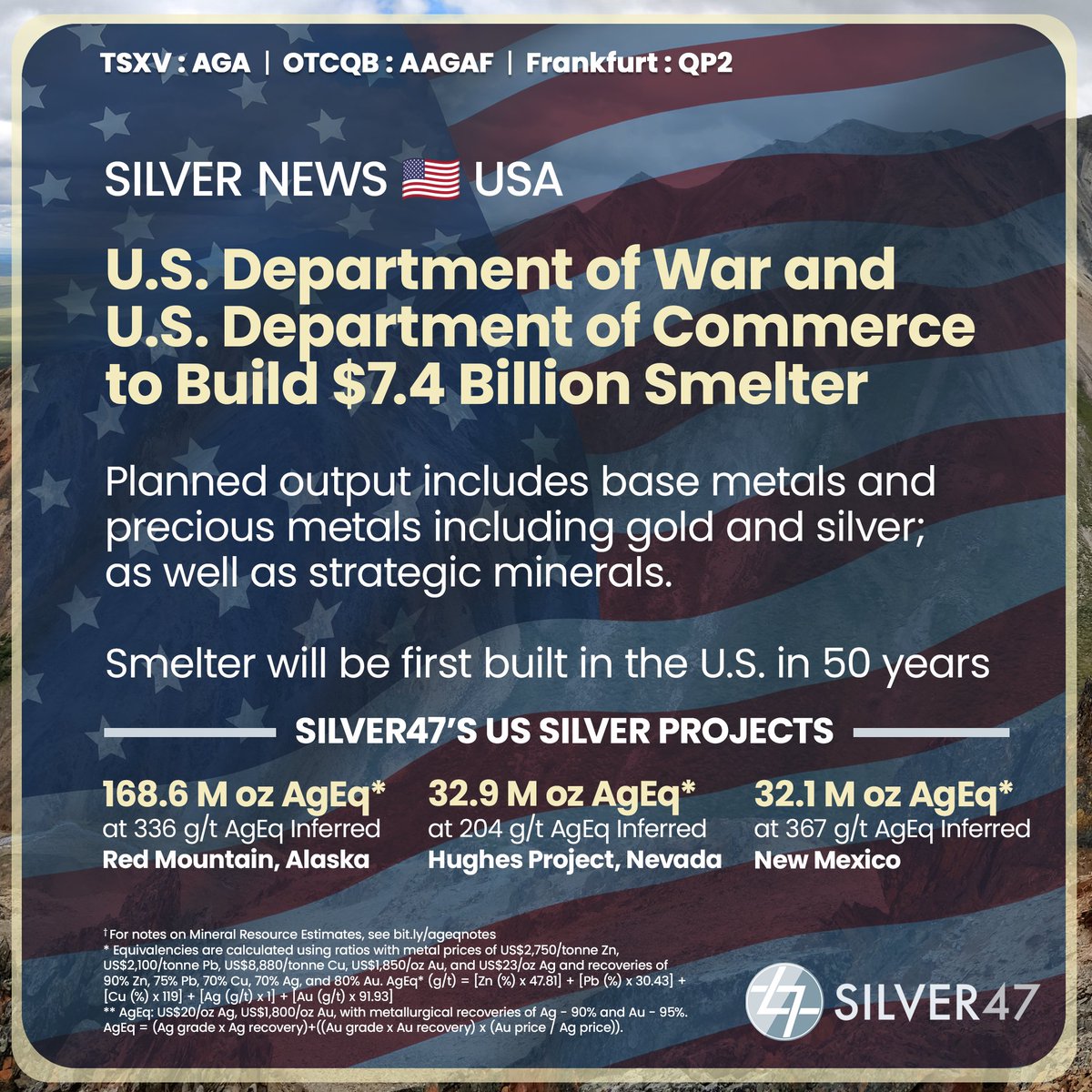 For the first time in 50 YEARS, The U.S. is building its own smelter for silver and critical minerals ⚡️ DoD and Department of War to finance the $7.4B smelter in Tennessee.

With 3 PRIME U.S. silver projects, $AGA.V $AAGAF is ideally positioned for the shift to domestic silver.