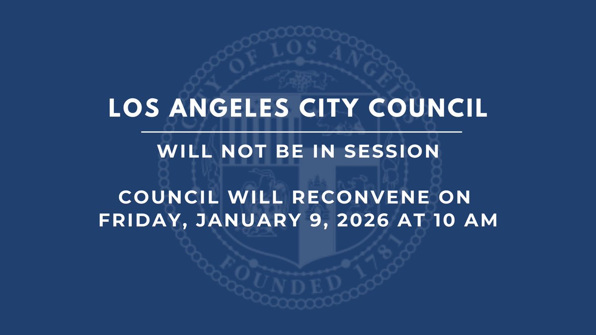 LACity's tweet image. Your @LACityCouncil is in recess and will be back in session starting Friday, January 9th at 10 AM.

For the full council schedule and agendas, please visit clerk.lacity.org.