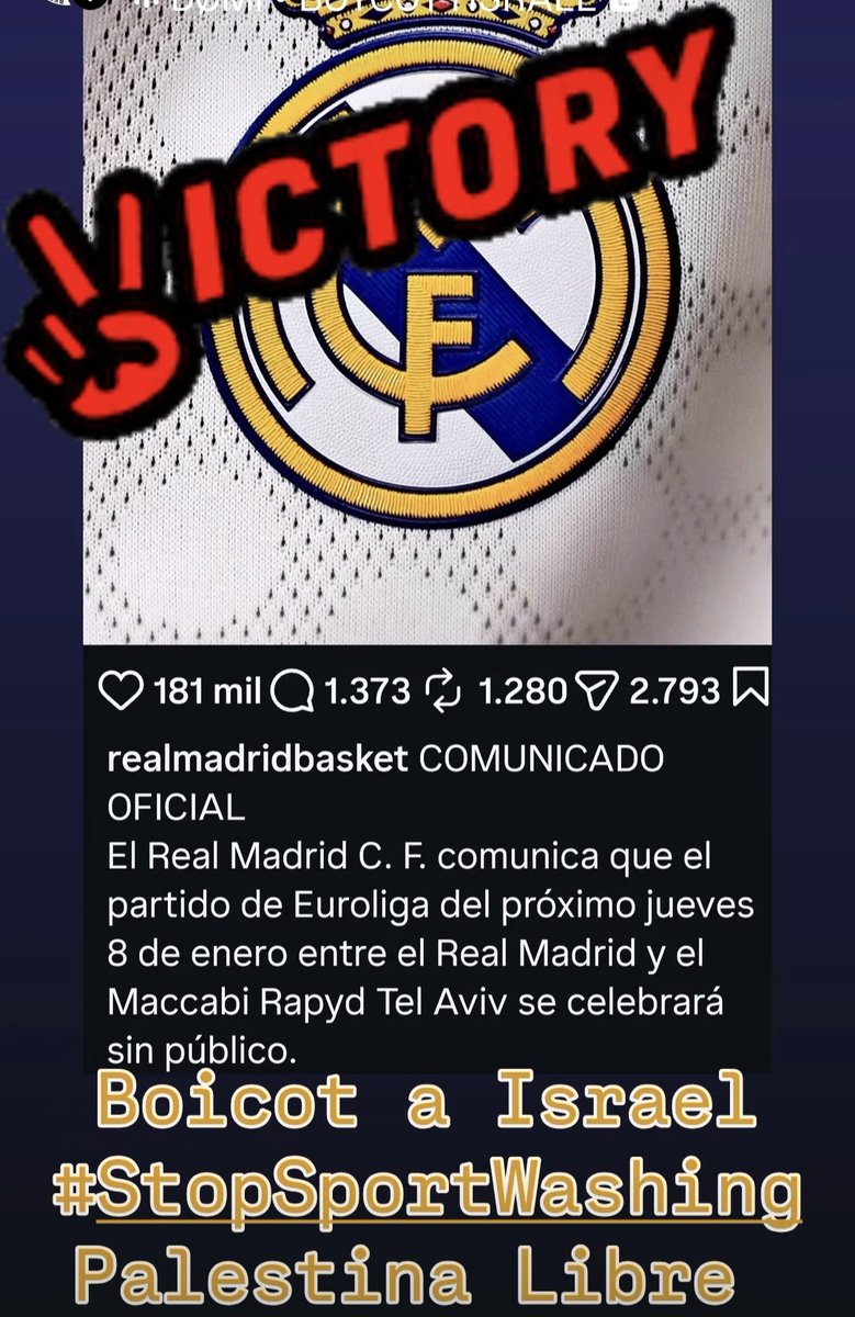 ✊🏿🇵🇸Lo hemos vuelto a conseguir! Hemos aislado a Israel, ¡otra vez!
❌🏟️🏀No habrá público presenciando el partido. 
¡La presión popular y el boicot deportivo funcionan!
🤞El siguiente paso es que ningún equipo juegue con deportistas de un estado genocida. 
#BoicotIsrael