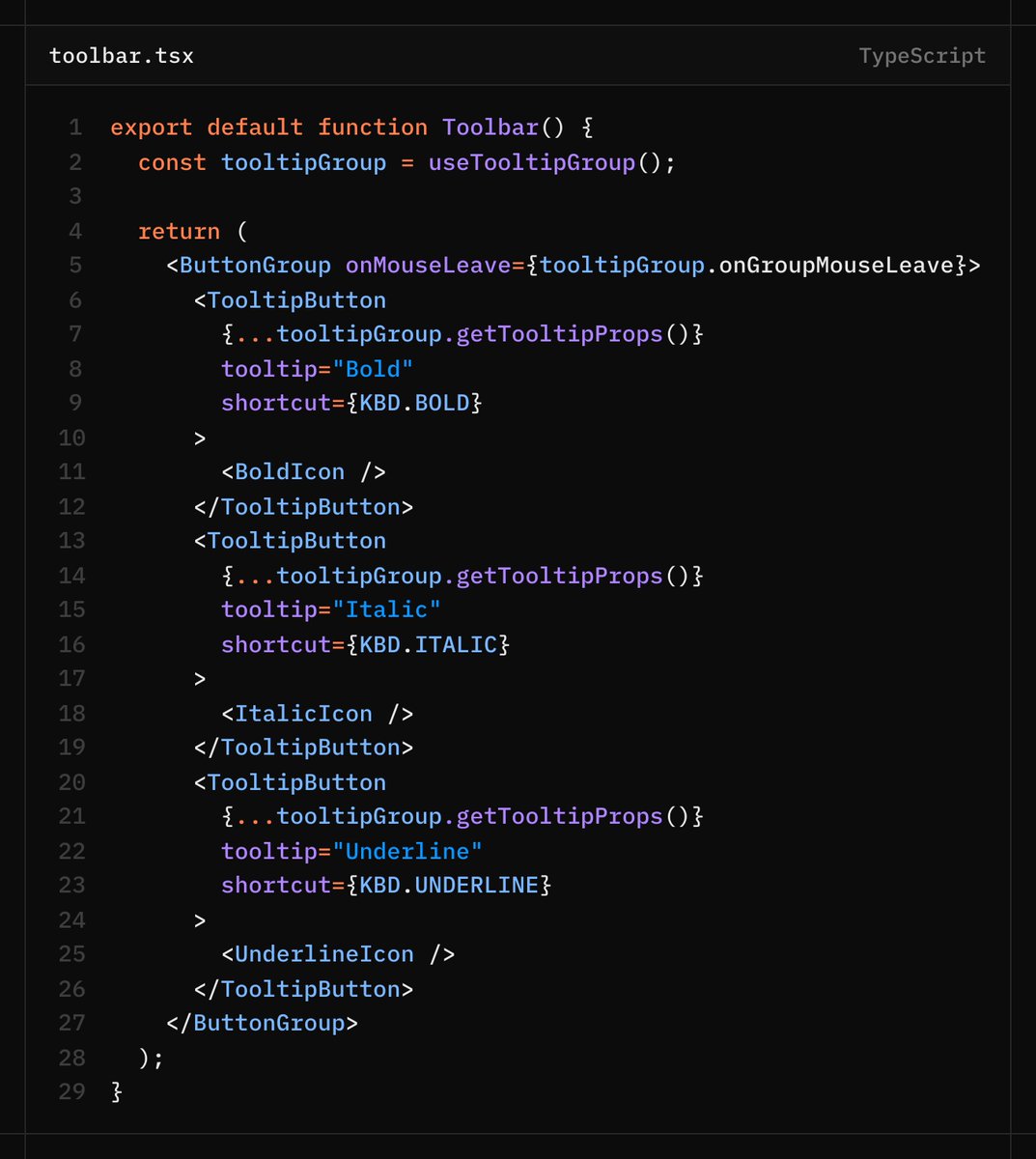 domhhv's tweet photo. Usage is clean - just spread the props onto your tooltip components and add onMouseLeave to the container. https://t.co/yCmTZobR3l