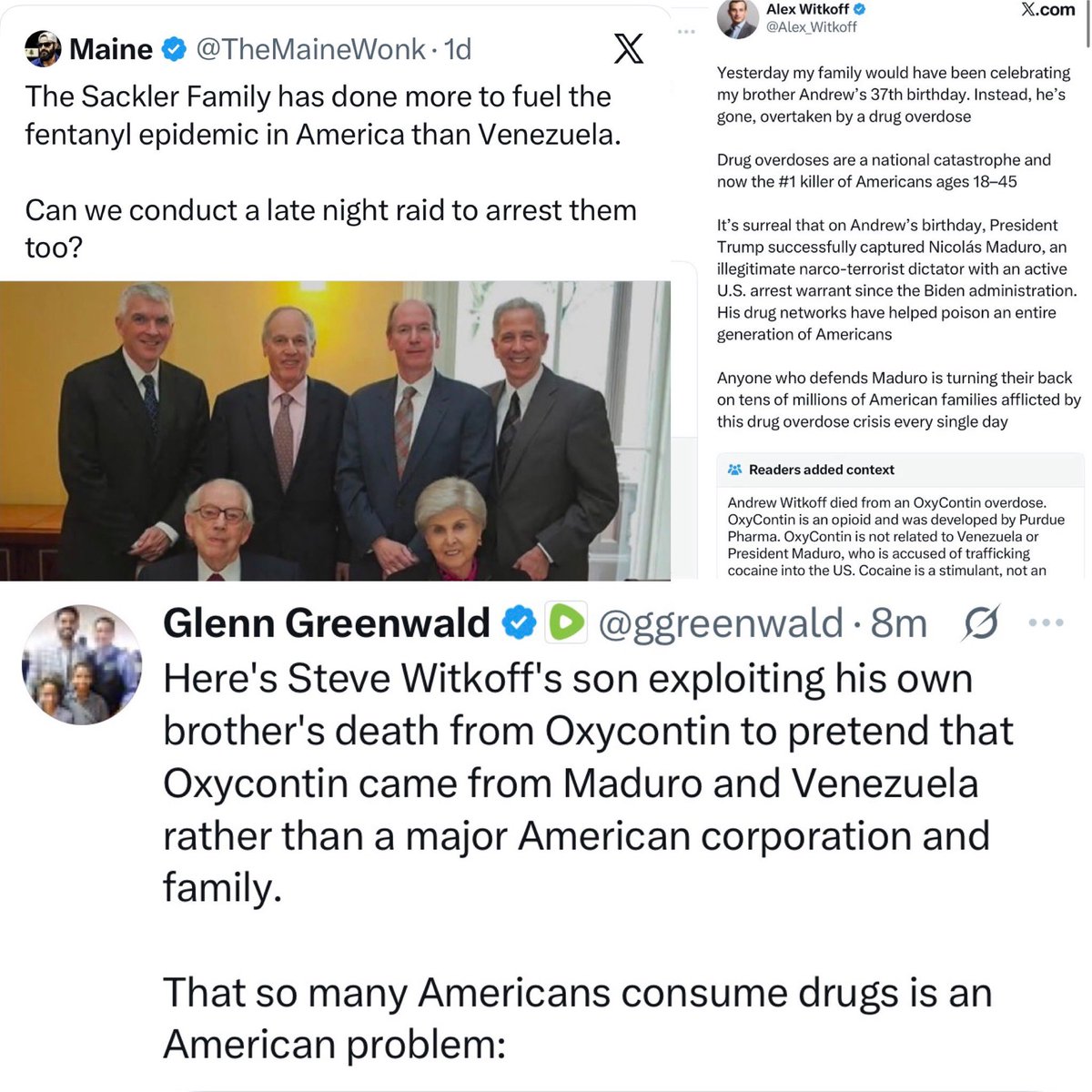TheTNHoller's tweet image. Wild- Trump’s guy Witkoff’s son using his brother’s death to praise Trump’s Venezuela invasion when in reality he died of OxyContin overdose from an American corporation (Purdue) and family (Sacklers)

Gross stuff