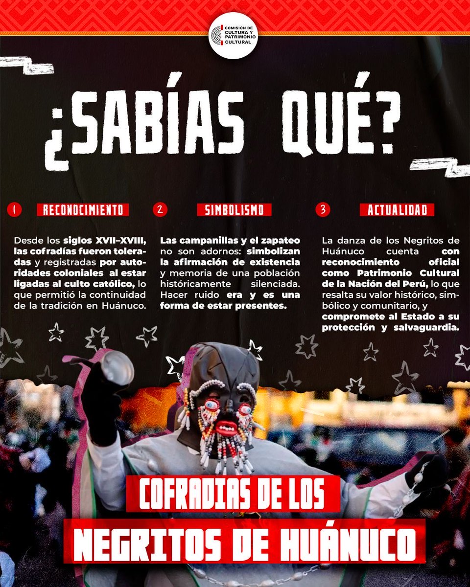🎉🖤 Huánuco está de fiesta celebrando a la Cofradía de los Negritos, una tradición que hoy es Patrimonio Cultural de la Nación. 🇵🇪✨
Por eso, te dejamos 3 datos para que conozcas más sobre esta celebración que mantiene viva nuestra identidad y devoción. 🥁💃🏾