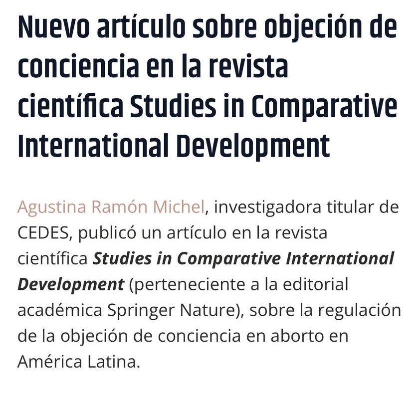 📄 Agustina Ramón Michel, investigadora titular de CEDES, y Dana Repka publicaron el artículo “Medical Conscientious Objection in Latin America 30 Years After Cairo” en la revista científica Studies in Comparative International Development.

🔗  cedes.org/novedades/nuev…