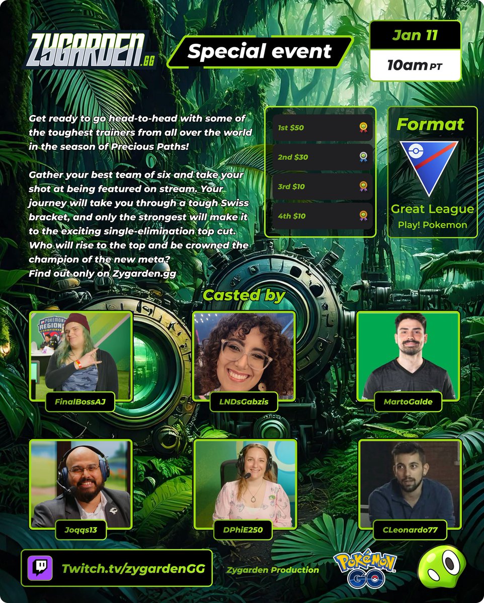 The  casting team is SET! 
@Joqqs13
@CLeonardo_77
<a href="/GabsGasp/">Gabi Gasparotto</a>
@MartoGalde,
<a href="/DPhiE250/">DPhiE250 💙 #GirlsThatPvP</a>
<a href="/A_J_Andrews/">A.J. "The Queen of Ice" Andrews ⚧️♀️🏳️‍🌈</a>

Here to guide you with top-notch commentary for the Precious Paths Meta 

🗓️ January 11, 10m PT / 1pm ET / 6pm GMT
📺 twitch.tv/zygardenGG 
Register: discord.gg/a5fp3WMkgf