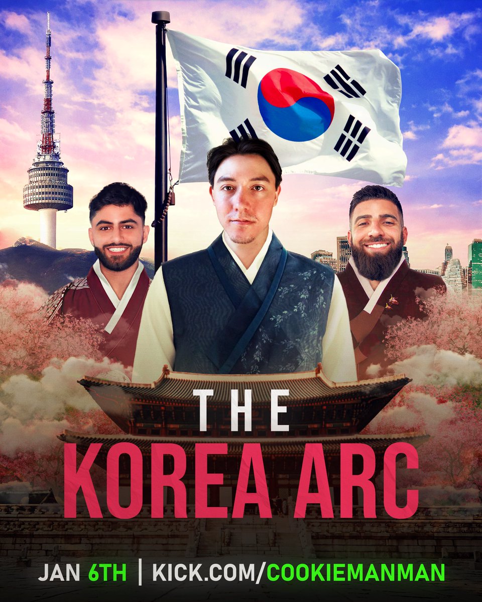 Cookiemanman's tweet image. ‼️ Starting 2026 with a BANG ‼️

I will be live DAILY in Korea with Yassuo &amp;amp; Alicopter starting 01/06

Content will be focused around IRL &amp;amp; Exploring Korea. This is truly just the start and I can’t wait to announce even crazier events coming soon 😎