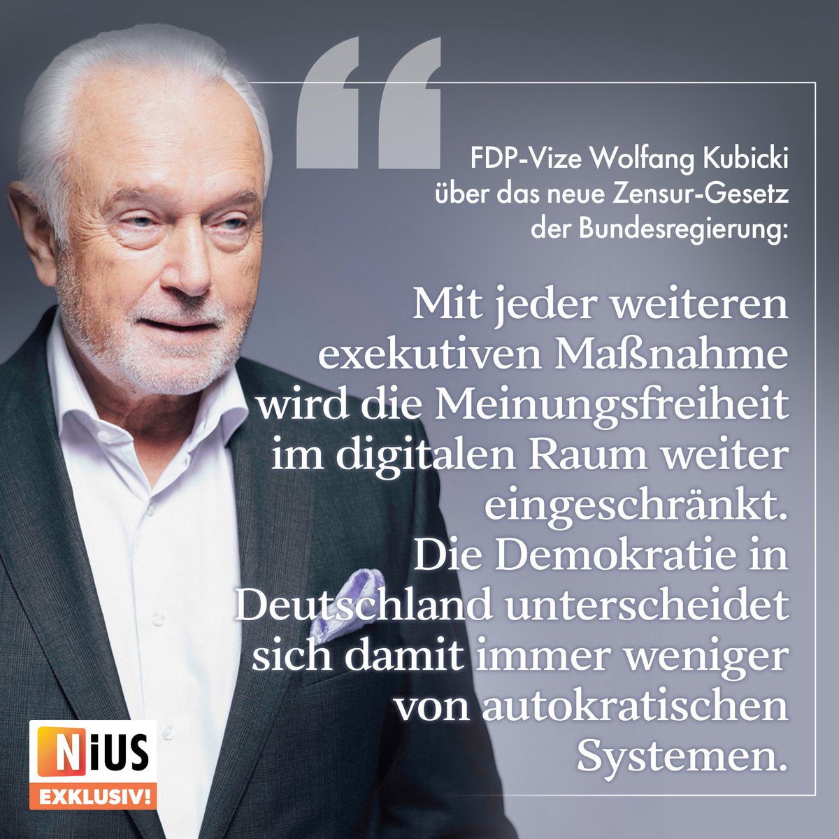 FDP-Vize <a href="/KubickiWo/">Wolfgang Kubicki</a> äußert sich gegenüber NIUS alarmiert über das neue Zensur-Gesetz der Bundesregierung.

Ganze Recherche: nius.de/politik/news/d…