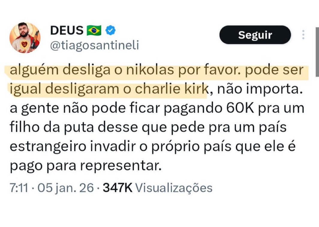 🚨URGENTE - Esquerdista pede a morte do deputado Nikolas Ferreira no X
