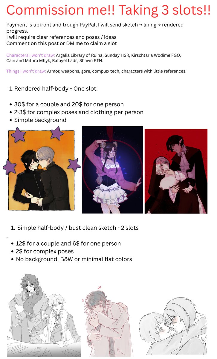 Commissions open !!

- 1 slot for rendered and 2 for sketches.
- I will start 5 days after the payment, MAX deadline is a month after that.
- You can message me about any inquiries.

RTs appreciated
