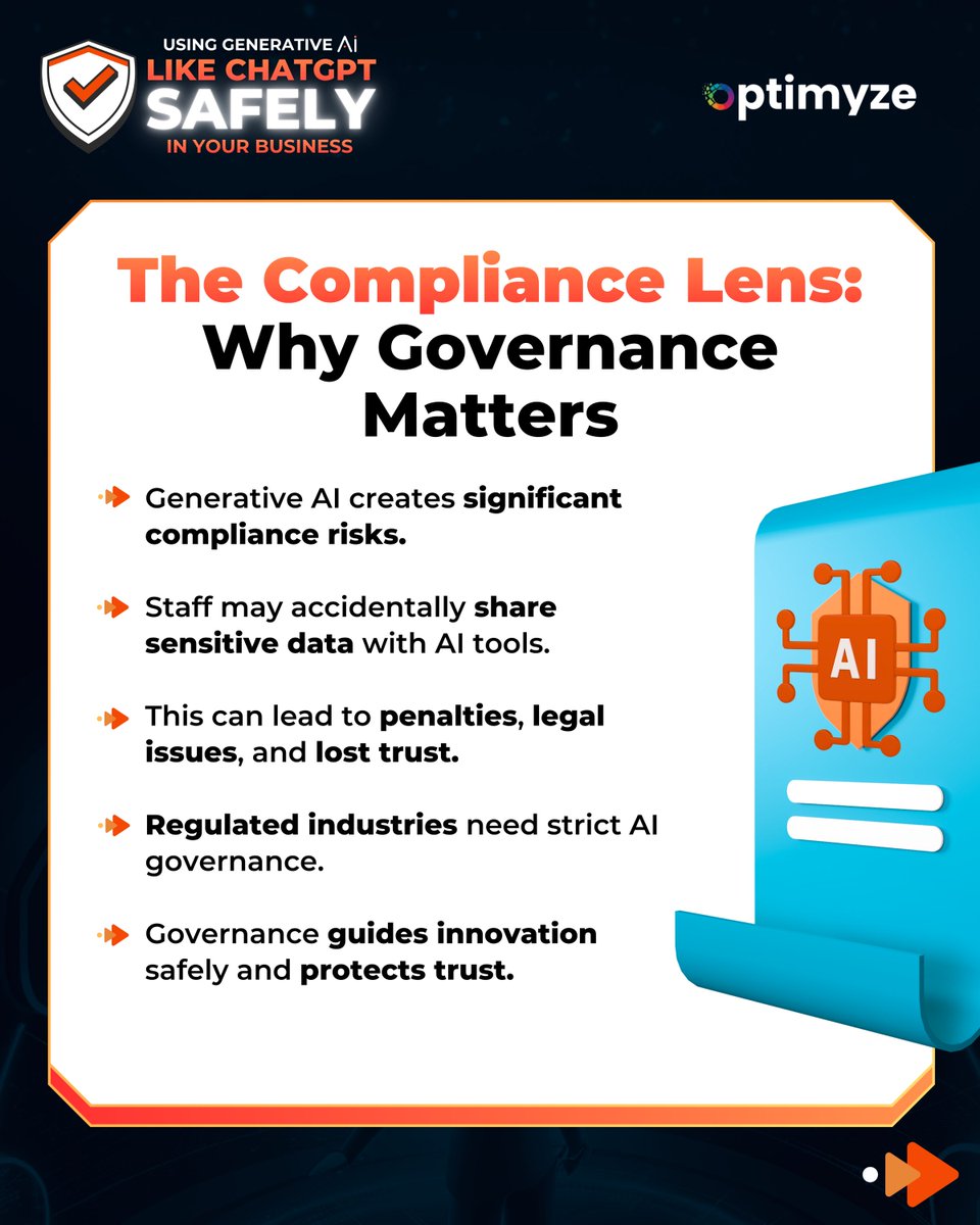 optimyze_u's tweet photo. Is your team's use of ChatGPT a competitive advantage or a compliance time bomb? Here’s how to harness Generative AI safely without risking your data or reputation.
#GenerativeAI #ChatGPT #AI #ArtificialIntelligence #AIFORBusiness https://t.co/RSilNUK2sp