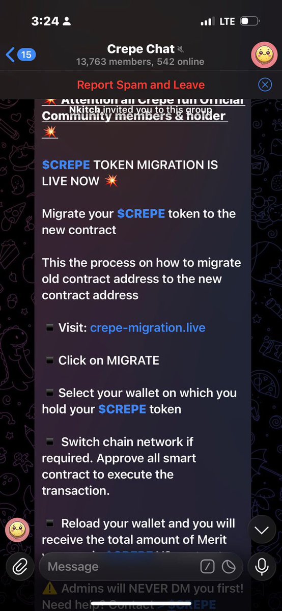 aale_xander's tweet photo. Warning ⚠️ Warning ⚠️ 

There is nothing like #CREPE migration!

This is a way of stealing your $CREPE from you. Don’t reply any DMs on telegram or other socials requesting for your $CREPE.

Keep your wallet phrase safe!
Keep your #CREPE safe!

If you are on telegram, please be very careful of scæm..