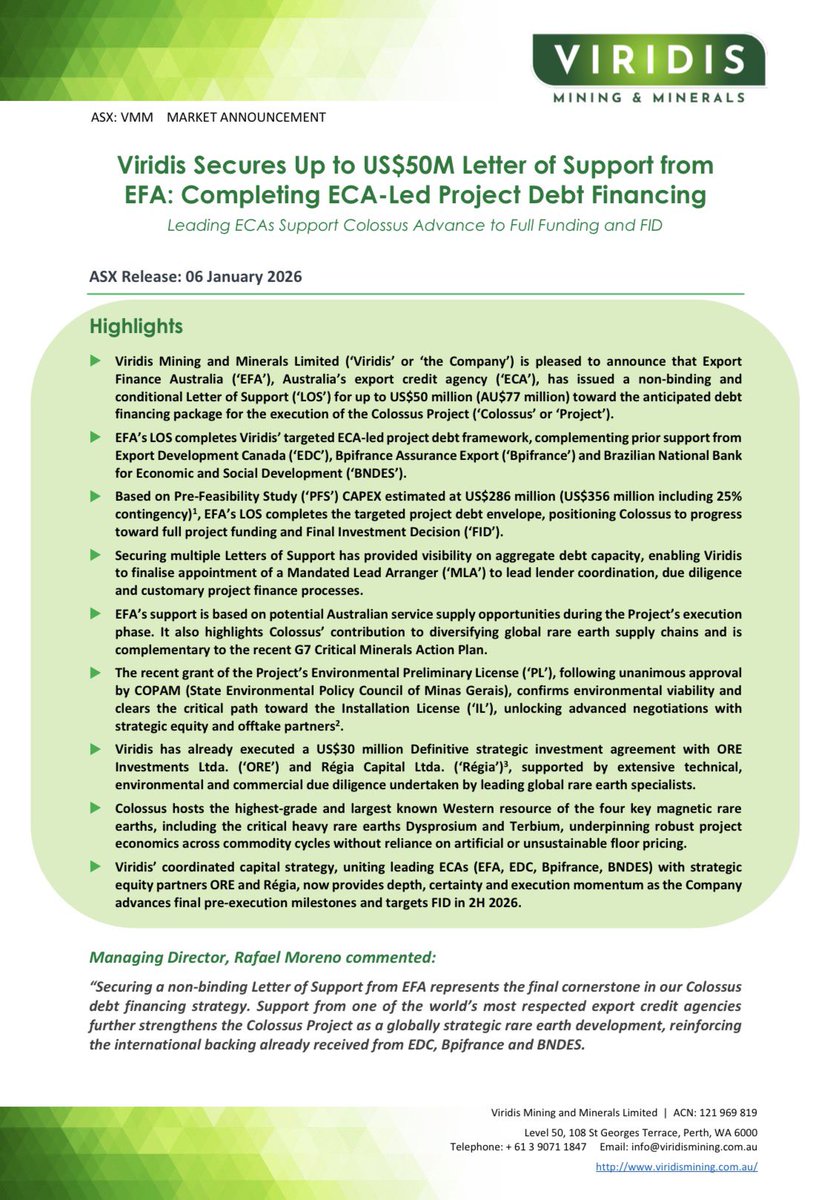 Viridis_VMM's tweet image. Viridis Mining and Minerals $VMM pleased to announce “ Viridis Secures Up to US$50M Letter of Support from EFA: Completing ECA-Led Project Debt Financing - Leading ECAs Support Colossus Advance to Full Funding and FID

ASX Announcement:
wcsecure.weblink.com.au/pdf/VMM/030435…

#Viridis #VMM
