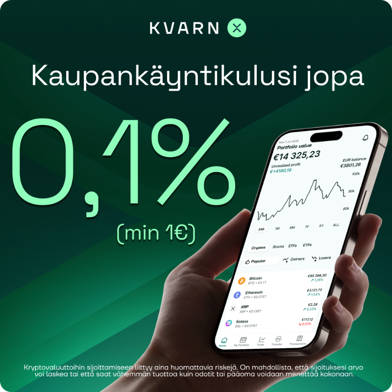 KvarnX's tweet photo. Kuukausisäästä Pohjoismaiden alhaisimmilla kuluilla. Yli 400 kryptovaluutan valikoima ilman piilokuluja, alkaen jopa 0,1%