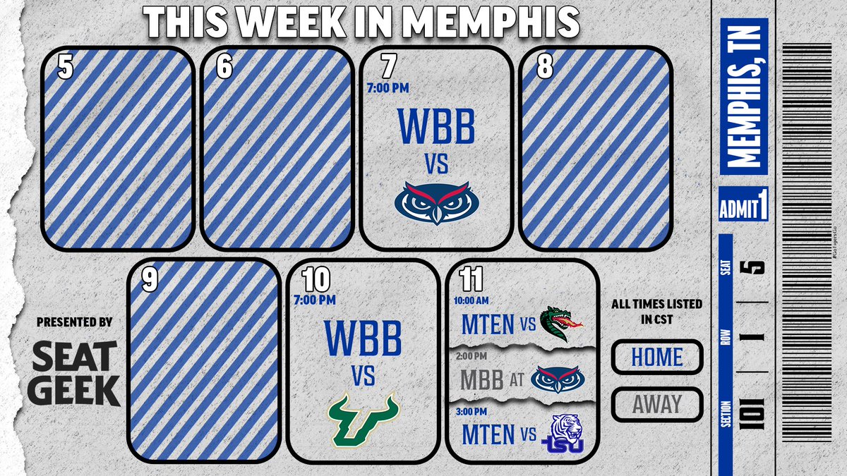 TigersAthletics's tweet photo. 𝗧𝗵𝗶𝘀 𝘄𝗲𝗲𝗸 𝗶𝗻 𝗠𝗲𝗺𝗽𝗵𝗶𝘀 𝗔𝘁𝗵𝗹𝗲𝘁𝗶𝗰𝘀!

🏀 Women's Basketball is home all week
🎾 Men's Tennis is back in action at Leftwich

#GoTigersGo | @SeatGeek https://t.co/VwQtv3U7FI