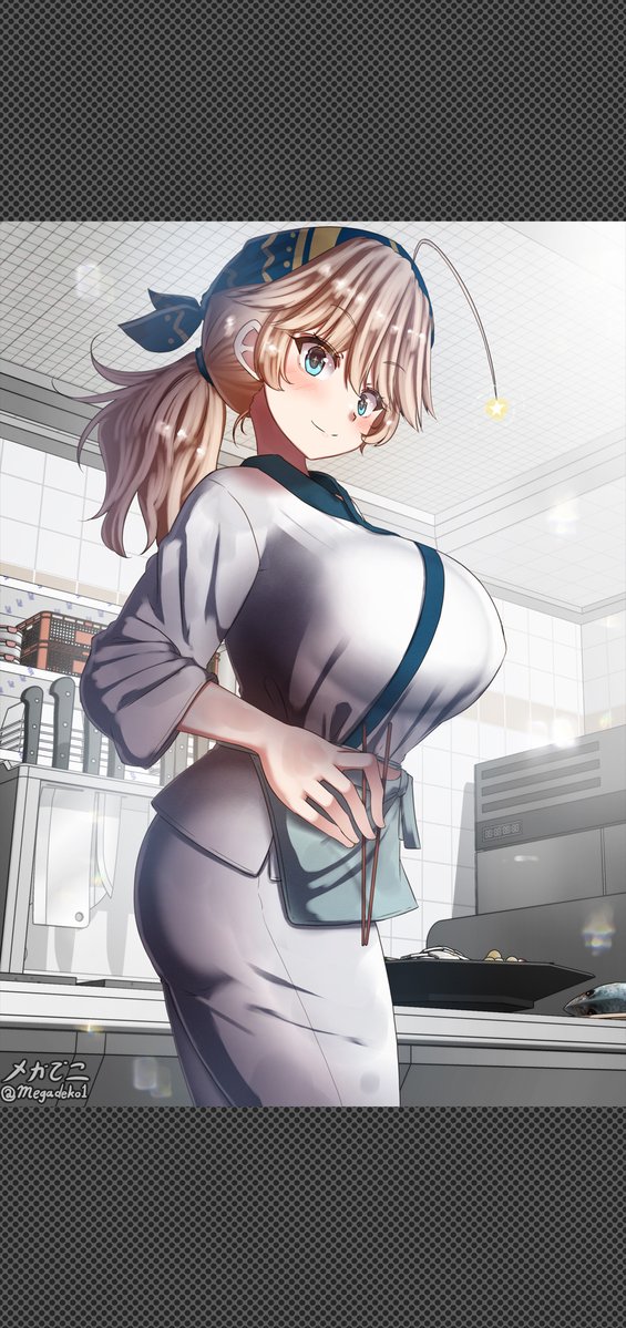 旅館の厨房で朝食を準備する宇宙人ちゃん

The alien girl is the chef of the inn, and is preparing breakfast for the guests. 