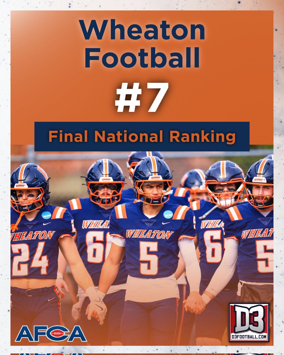 Ending a strong season in the Top 10!

The final <a href="/WeAreAFCA/">AFCA</a> and D3football.com polls of the 2025 Division III football season were released today, and Wheaton is ranked seventh in the country in both polls.

Seventh marks the highest ranking for the Thunder program in