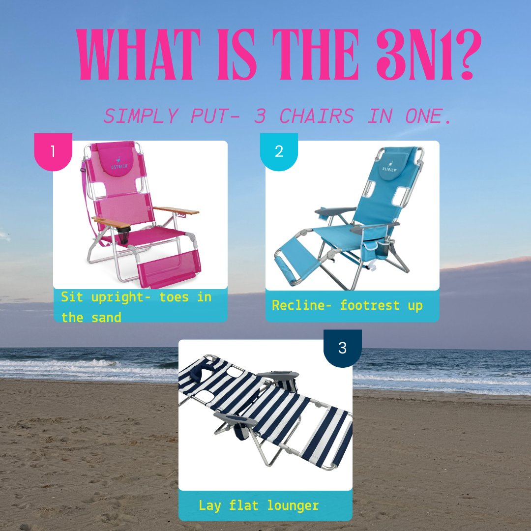 🤩 Meet our Multi-Purpose "3N1" Chair Collection. 

Each chair easily allows you to switch between 
- sitting in the sand, 
- leaning back in the beach breeze, and 
- fully reclining face up or face down 

...for maximum comfort🏖️
