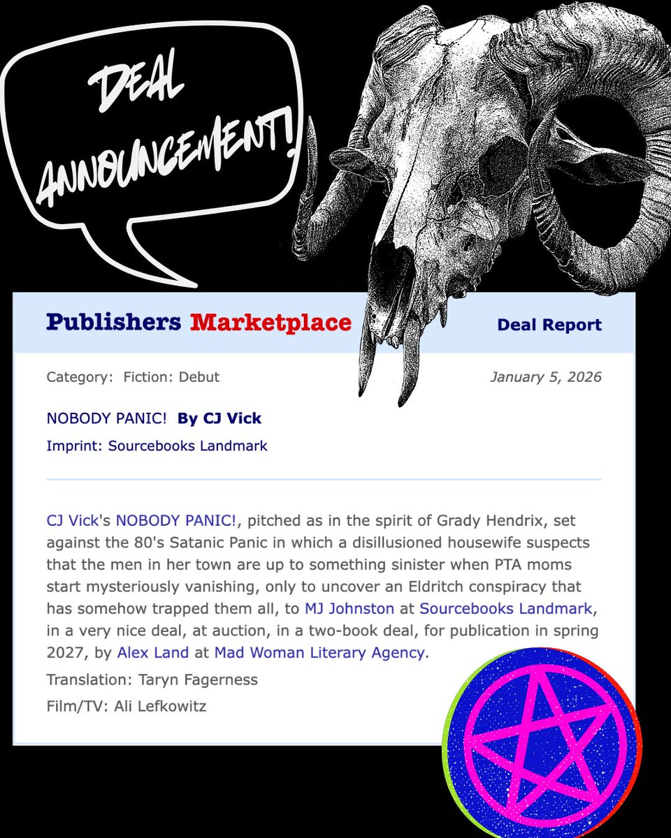 gravity_fail09's tweet image. Beyond excited to share my next (and 6th!) announced deal as an agent! If you’ve ever wanted to read about PTA moms kicking ass and fighting the patriarchy (and their husbands…and maybe some monsters), be on the lookout for @CJVickWrites’s campy adult horror debut in 2027! 🥳