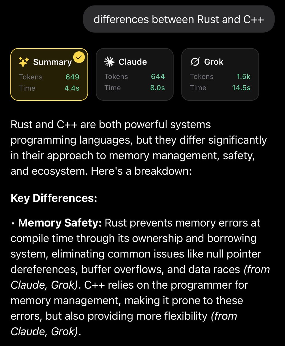 jsontsx's tweet photo. Introducing @chatxos Summaries.  

In compare mode you can query multiple AI models, and Summary will condense the TLDR into one place with references to the models.  

We're waiting for Apple approval to launch soon. Let me know if you wanna test on TestFlight! https://t.co/BKWPpsfyId