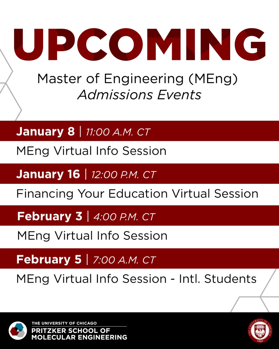 UChicagoPME's tweet image. Thinking about a Master of #Engineering at UChicago PME?
Join one of our upcoming admissions events to get your questions answered, explore career opportunities, and see how @UChicagoPME can help you shape the future of engineering.

🔗 Register for free: ms.spr.ly/6012tFOLM