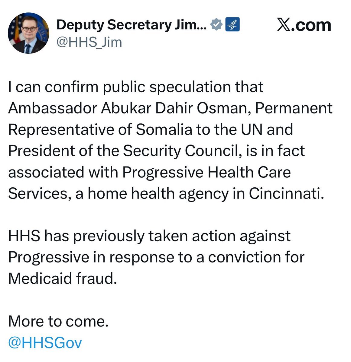 MarioNawfal's tweet image. 🚨🇺🇸 HHS CONFIRMS: SOMALIA'S UN AMBASSADOR WAS INVOLVED IN HEALTHCARE COMPANY CONVICTED OF MEDICAID FRAUD

It's not a rumor anymore. It's confirmed.

The Department of Health and Human Services has verified reporting that Abukar Dahir Osman, Somalia's Ambassador to the United…