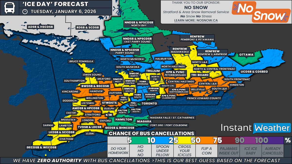 IWeatherON's tweet image. #ONStorm #ONwx 🚌 ‘Snow (Ice) Day’ Forecast: Risk of Freezing Rain on Tuesday Could Cancel School Buses in Parts of Southern Ontario

📅 Tuesday, January 6, 2026

⤵️ VIEW TOMORROW'S FORECAST HERE ⤵️
🔗 instantweatherinc.com/article/ontari…

Disclaimer: Instant Weather has zero authority when